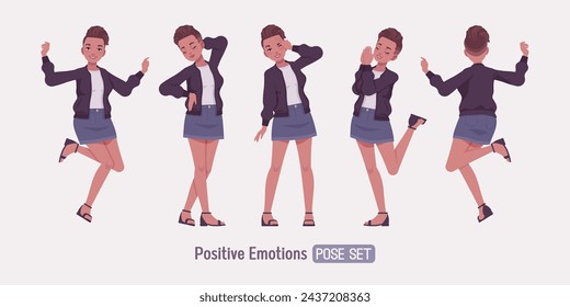 Attractive girl happy emotion poses, young urban fashion woman wearing nice short high waist denim skirt, cute streetwear bomber jacket, casual summer sandals, female fade haircut. Vector illustration