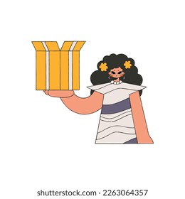 An attractive girl is holding a box. The essence of delivering packages and freight.
