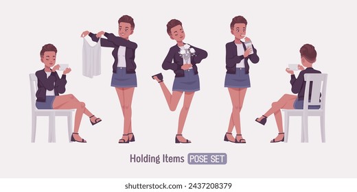 Attractive girl holding items pose, young urban fashion woman wearing nice short high waist denim skirt, cute streetwear bomber jacket, casual summer sandals, female fade haircut. Vector illustration