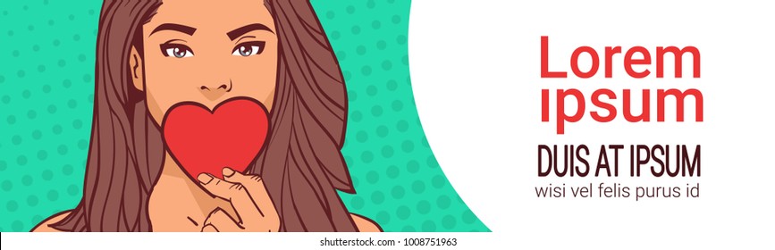 Attractive Girl Holding Red Heart Shape Over Mouth Over Comic Pop Art Background Horizontal With Copy Space Vector Illustration