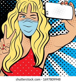 Attractive girl with open eyes in mask, with phone in the hand in comic style. Pop art woman holding smartphone. Digital advertisement, girl making selfie. Vector Illustration.