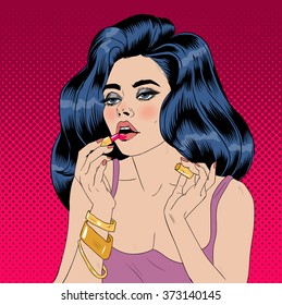 Attractive Girl in Pop Art Style is Doing Makeup with Lipstick. Vector illustration