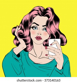 Attractive Girl in Pop Art Style is Doing Selfie with Smart Phone. Vector illustration