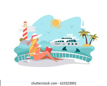 Attractive girl reading book on deck of yacht
