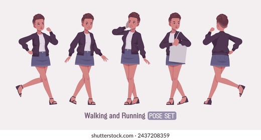 Attractive girl run, walk poses, young urban fashion woman wearing nice short high waist denim skirt, cute streetwear bomber jacket, casual summer sandals, female fade haircut. Vector illustration