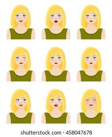 Attractive girl showing different facial expressions. Vector illustration.