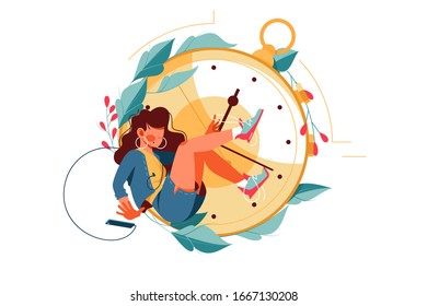 Attractive girl silhouette using smartphone kills time near clock. Isolated concept woman character relax and have break time for rest. Vector illustration.