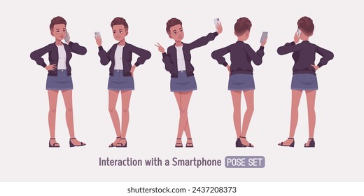 Attractive girl smartphone use pose, young urban fashion woman wearing nice short high waist denim skirt, cute streetwear bomber jacket, casual summer sandals, female fade haircut. Vector illustration