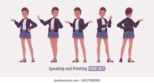 Attractive girl speak, point poses, young urban fashion woman wearing nice short high waist denim skirt, cute streetwear bomber jacket, casual summer sandals, female fade haircut. Vector illustration