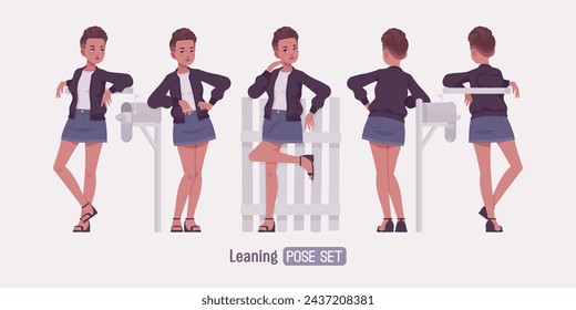 Attractive girl stand leaning poses, young urban fashion woman wearing nice short high waist denim skirt, cute streetwear bomber jacket, casual summer sandals, female fade haircut. Vector illustration