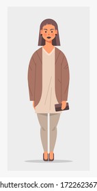 attractive girl teenager holding handbag female cartoon character standing pose full length vertical vector illustration