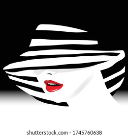 An attractive girl wears a stylish striped hat in a minimalist fashion and beauty illustration.