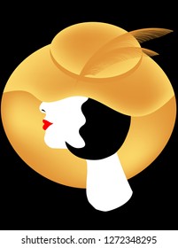 An attractive girl wears a stylish yellow  hat with feathers in a minimalist fashion and beauty illustration.