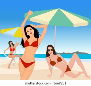 Attractive girls on beach - vector illustration