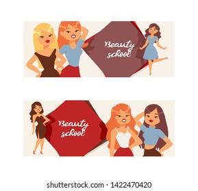 Attractive girls studying at beauty school. Fashionable beautiful women vector illustration for banner, flyer, invitation, brochure, poster. Posing cartoon blonde, ginger, brunette models.