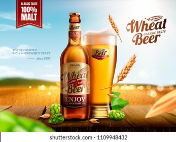 Garrafa de vidro atraente cerveja de trigo com lúpulo na mesa de madeira, campo de trigo dourado bokeh na ilustração 3d