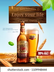 Attractive glass bottle wheat beer with hops on wooden table in 3d illustration, hanging wooden sign element