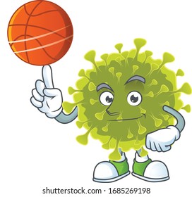 Diseño de caricaturas sobre brotes de coronavirus global atractivos con baloncesto