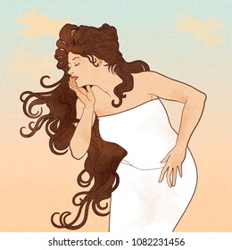 Attractive goddess with long brown hair in white dress