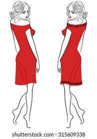 Attractive graceful lady in translucent red dress in two versions, vector outline