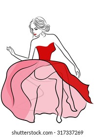Attractive graceful lady in translucent spiffed red and pink trendy dress sitting on abstract sofa, sketching vector illustration