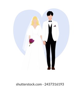 Attractive groom and beautiful bride. Married couple. Blond bride hanhing rose bouquet with in a long dress, and brunette groom in a black white suit holding brides hand. Vector illustration