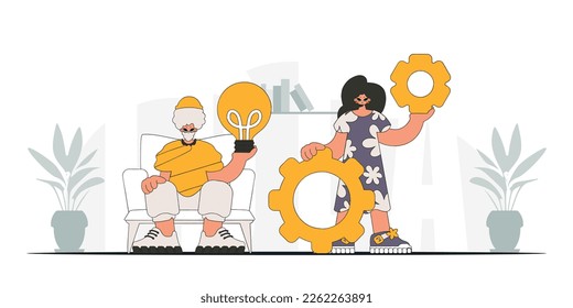 Attractive guy and girl generates ideas and solves problems. Light bulb and gears in their hands. Illustration on the theme of the appearance of an idea.