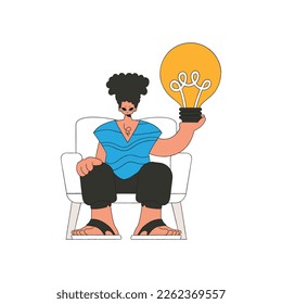An attractive guy is holding a light bulb. Idea theme.