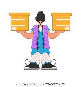 An attractive guy holds boxes in his hands. Parcel and cargo transportation.