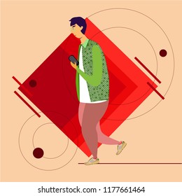 attractive guy with phone, vector graphics