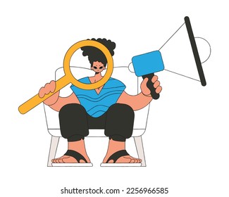 An attractive guy sits in a chair and holds a megaphone. Suitable for use in communications or protest thematic projects.