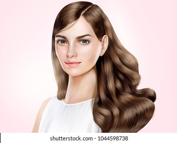 Attractive hair model, beautiful woman with shiny long hair in 3d illustration, pink background