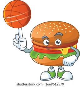 Atractivo diseño de caricaturas de hamburguesas con baloncesto