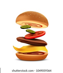 Attractive hamburger with refreshing ingredients on white background, Delicious food, Fast food