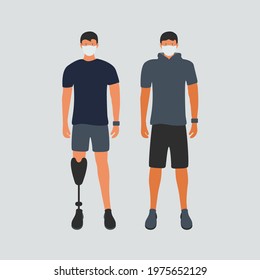 attractive handicapped man. coronavirus cartoon. fit guy illustration flat design people with corona fase mask graphic. invalid athlete stands with prosthetic or artificial prosthesis leg vector art