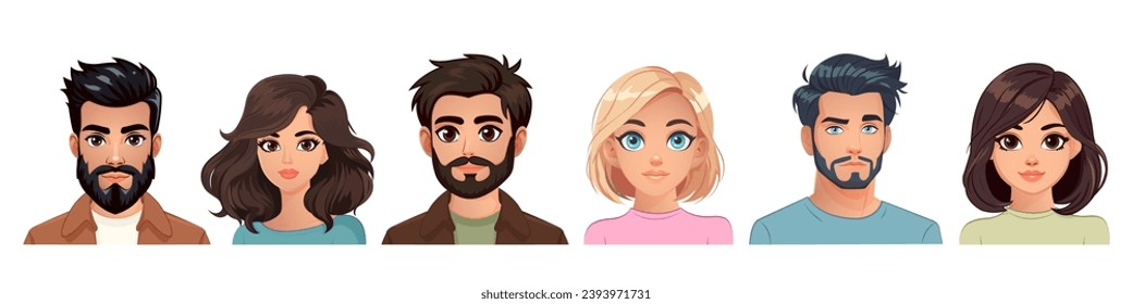 Attractive and handsome woman and man avatar collection. Various cool hairstyle. Female and male character for website or computer game. Human face. Isolated on white background. Vector illustration