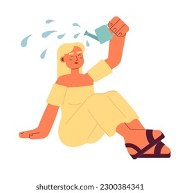 Attractive happy blonde woman watering herself semi flat colorful vector character. Self care concept. Editable full body person on white. Simple cartoon spot illustration for web graphic design