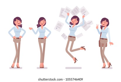 Attractive happy young woman in buttoned up shirt and camel skinny chino trousers in positive emotions. Business stylish workwear trend and office city fashion. Vector flat style cartoon illustration