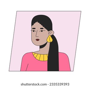 Attractive hispanic lady with long ponytail flat color cartoon avatar icon. Editable 2D user portrait linear illustration. Isolated vector face profile clipart. Userpic, person head and shoulders