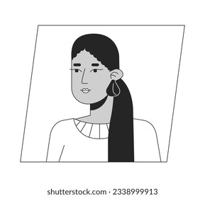 Attractive hispanic lady with long ponytail black white cartoon avatar icon. Editable 2D character user portrait, linear flat illustration. Vector face profile. Outline person head and shoulders