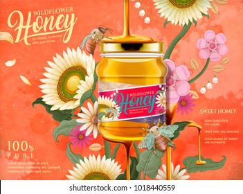 Attractive honey ads, honey dripping from top on the glass jar in 3d illustration with elegant flowers elements, etching shading style background in orange tone