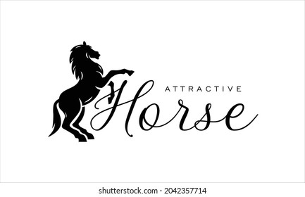 Attractive Horse Logo Design - Rearing up, standing silhouette horse - Isolated vector Illustration on white background - Creative character, icon, symbol, badge, emblem of horse