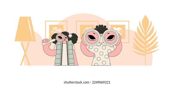 Attractive HR team holding binoculars and magnifier. Good for job postings and flyers.