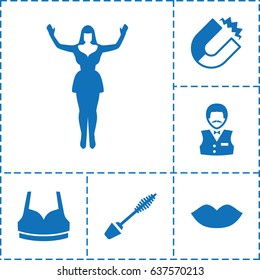 Attractive icon. set of 6 attractive filled icons such as lips, mascara, casino boy, sport bra, dancing woman