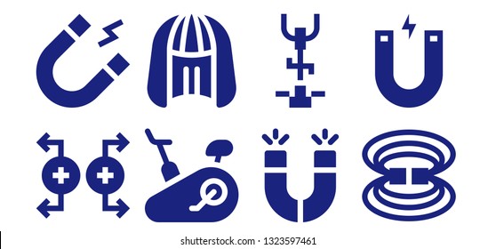 attractive icon set. 8 filled attractive icons.  Collection Of - Magnet, Stationary bike, Wig, Magnets, Magnetic field