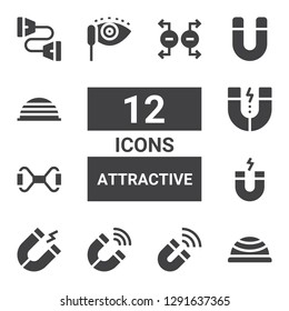 attractive icon set. Collection of 12 filled attractive icons included Bosu ball, Magnet, Chest expander, Mascara
