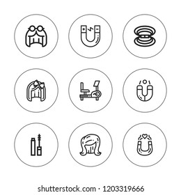 Attractive icon set. collection of 9 outline attractive icons with magnet, magnetic field, mascara, stationary bike icons. editable icons.