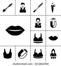 Attractive icons. set of 13 editable filled attractive icons such as lips, mascara, casino girl, casino boy, sport bra