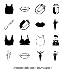 Attractive icons. set of 16 editable filled and outline attractive icons such as lips, casino girl, sport bra, magnet, dancing woman, casino boy