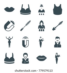 Attractive icons. set of 16 editable filled attractive icons such as lips, mascara, casino girl, casino boy, sport bra, magnet